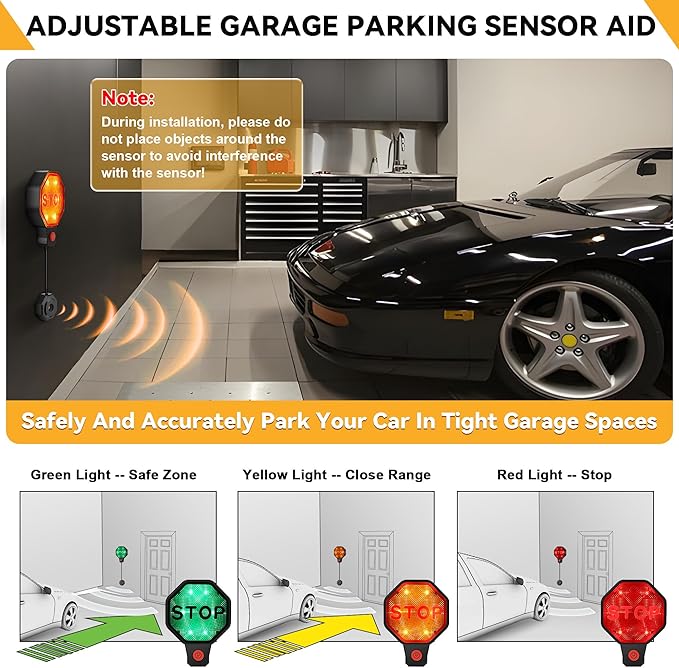 1 Pack Adjustable Garage Parking Sensor with LED Display – No-Drill Parking Aid for Cars, SUVs & Pickups, Set Stop Distance 6