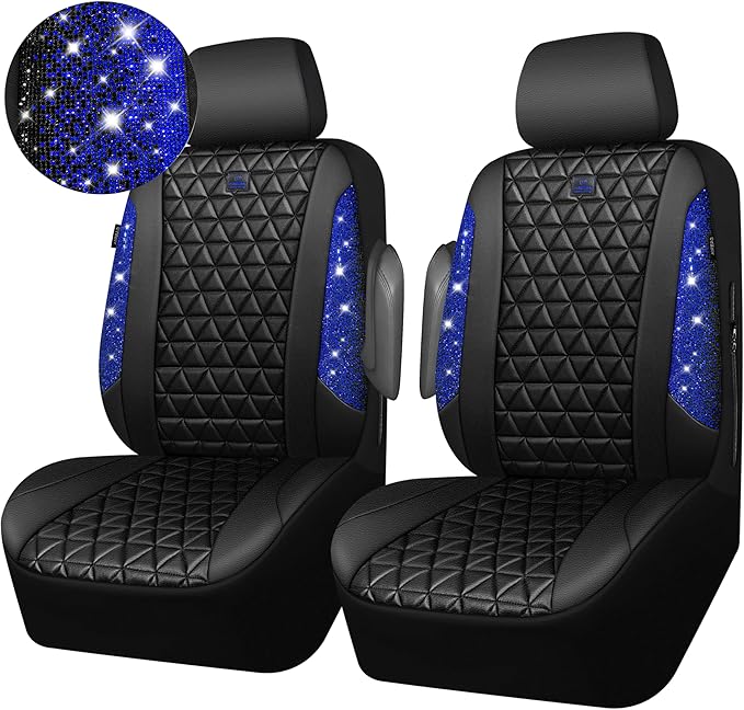 CAR PASS Bling Diamond Black Leather Car Seat Covers for 2 Front Interior Sets, Waterproof Shining Glitter Sparkly Crystal Un