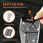 NBTEPEM 2 PCS Bling Car Trash Can with Lid, Bling Car Accessories Trash Bin, Leakproof Auto Garbage Can with 60 Trash Bags, Multipurpose Organizers and Storage for Home, Office (Silver Diamond)