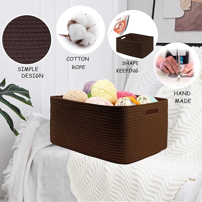 COMFY-HOMI 3 pcs Large Storage Baskets for Shelves, Laundry Basket, Woven Rope Basket, Closet Organizer Bins for Clothes Blan