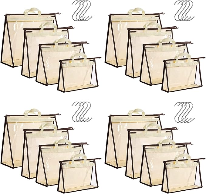 16 Pack Clear Handbag Storage Organizer and 16 Stainless Steel S-Hooks Anti-dust Purse Storage Bags with Zipper and Handle Mo