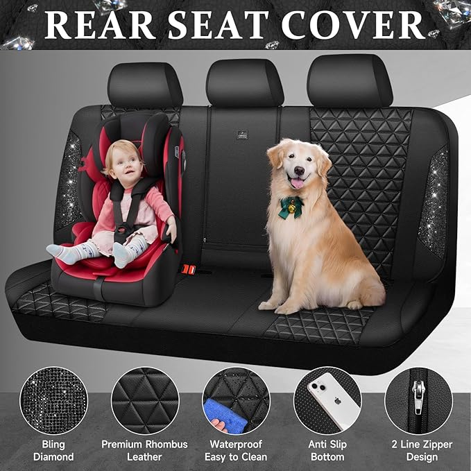 CAR PASS Bling Back Seat Cover, Waterproof Leather Bench Rear Seat Cover Shining Diamond Truck Glitter Crystal Sparkly Rhines