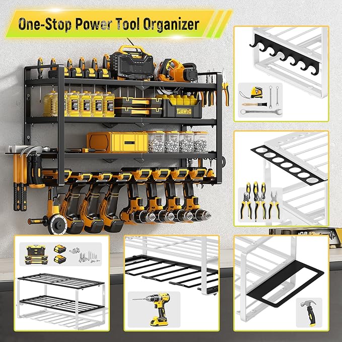 Power Tool Organizer Wall Mount - 400Lbs Load 4 Layers Storage Rack with 8 Drill Holders for Drills Cordless Tools. Heavy Dut