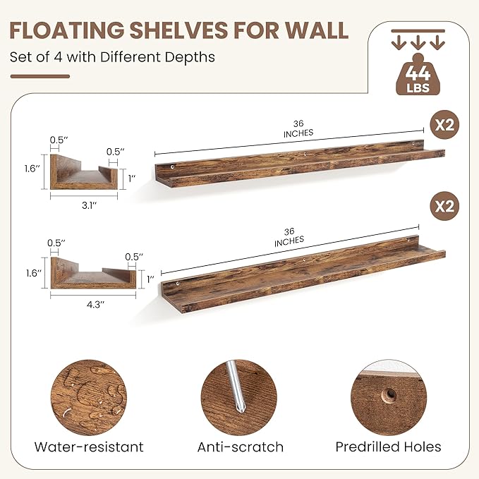 Fun Memories Picture Ledge Shelf, Floating Shelves Set of 4, 36 Inch Picture Shelves for Wall with Ledge, Large Nursery Book 