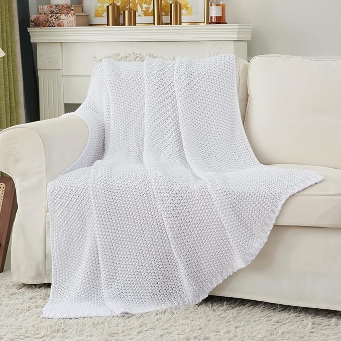 Chunky Cable Knit Throw Blanket Lightweight White 100% Organic Cotton Blanket for Sofa Couch Bed Baby Nursery, Rustic Shabby 