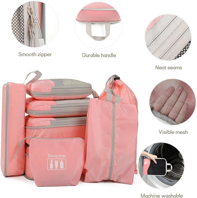Compression Packing Cubes 8 Set, Dual Zipper Compression Packing Cubes for Travel, See-Through Mesh Packing Bags for Suitcase