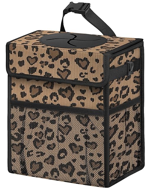 Corduroy Car Trash Can with Lid and Mesh Pockets - Leakproof Organizer,Multipurpose Waterproof Garbage Can/Trash Bin for Car(Leopard Print-2 Gallons)