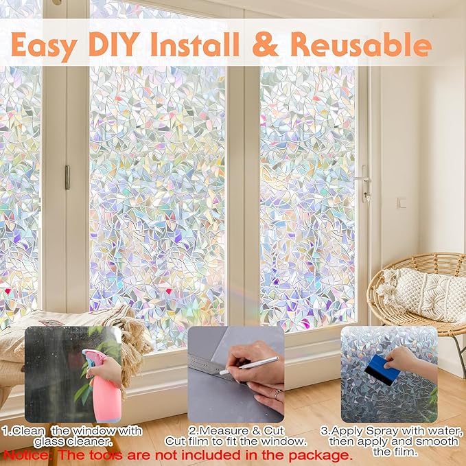 Hilarious Rainbow Window Privacy Film Glass Door Privacy Film Static Cling Tint Frosted 3D Decorative Window Film Sticker Privacy Decals Non-Adhesive Removable Stained Glass Film(39.4'' x 118'')
