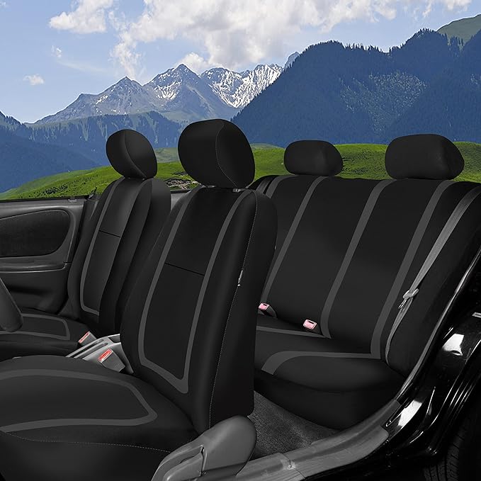 FH Group Unique Flat Cloth Full Set Car Seat Covers w. Silicone Steering Wheel Cover- Universal Fit for Most Cars, Trucks, SUVs or Vans (Black)
