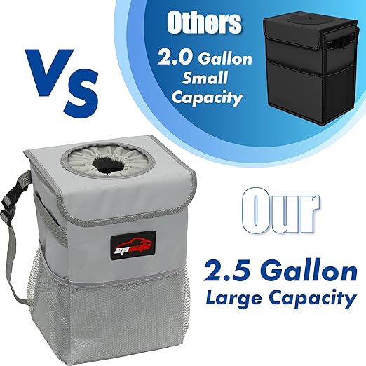 EPAuto Waterproof Car Trash Can with Lid and Storage Pockets, 2.5 Gallon Leakproof, Gray