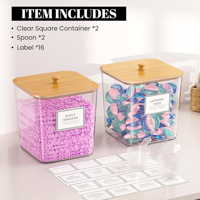 HomePekite 2 Pack Laundry Pods Container,Laundry Room Organization and Storage Containers with Wooden Lids & Labels Large Lau