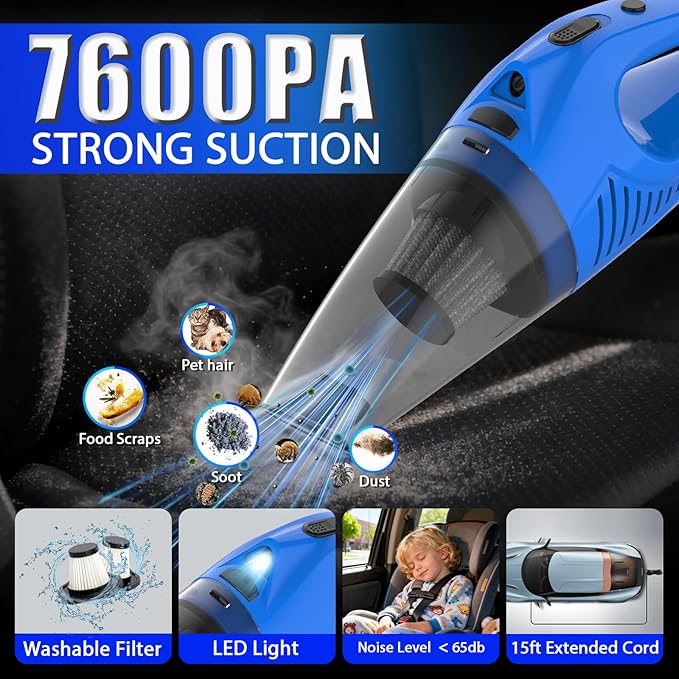 THINKWORK Car Cleaning Kit Car Detailing Kit,Car Cleaning Kit Interior Cleaner with High Power Blue Handheld Vacuum Cleaner,B