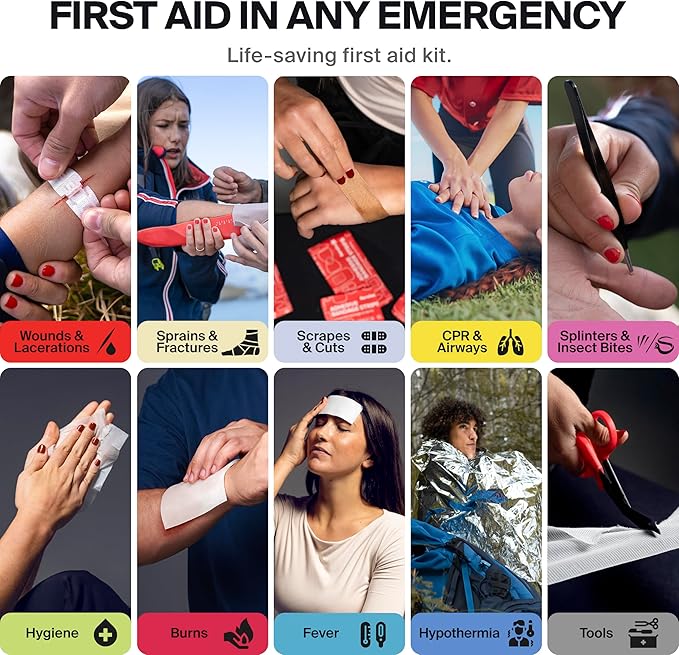 Large Pro First Aid Kit for Car, Travel & Home - Emergency Kit for Hiking, Camping, Backpacking and Outdoors - Includes Zip S