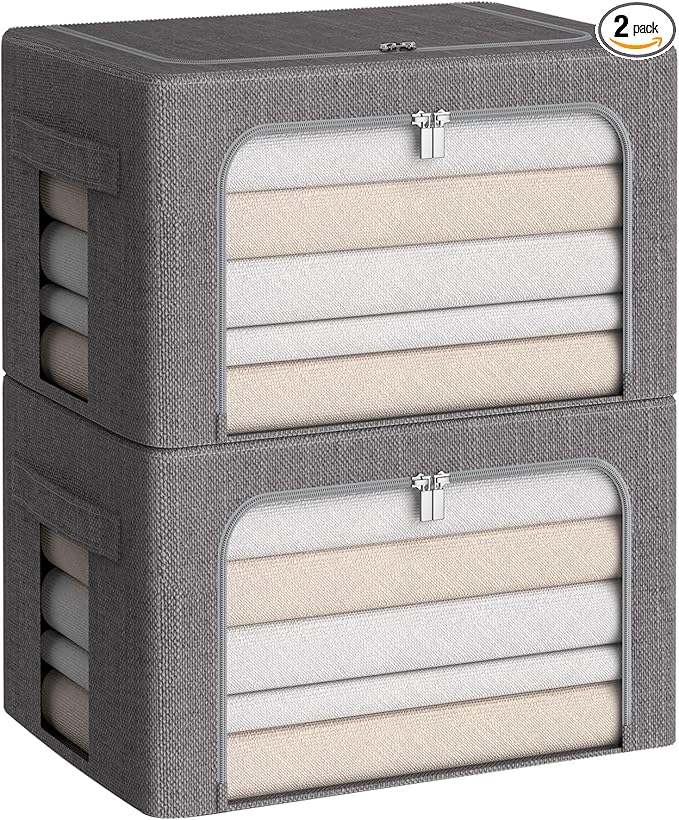 CYhom Clothes Storage Bins Box - Linen Fabric Foldable Stackable Container Organizer Set with Clear Window & Carry Handles & 
