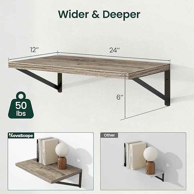 Floating Shelves, 24W x 12D Wall Shelves Set of 2, 12 Inch Deep Rustic Wood Wall Storage, Heavy Duty Metal Brackets, Large In