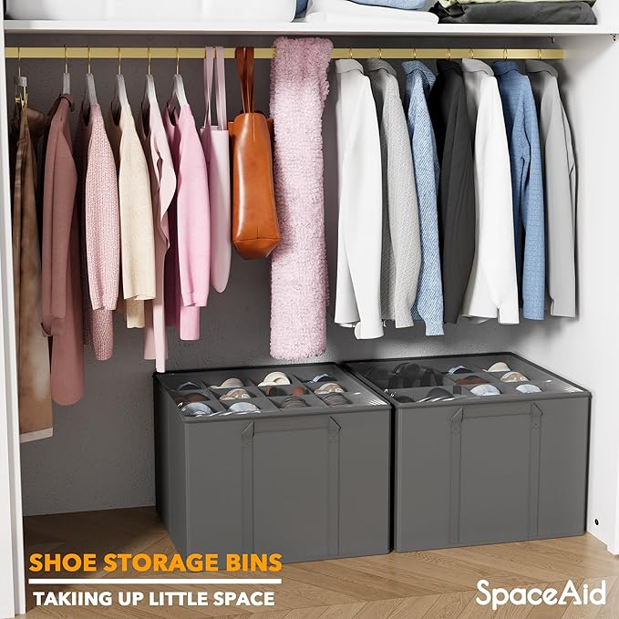 SpaceAid Shoe Organizer for Closet, 2 Pack Foldable Shoe Storage Containers Baskets Boxes Bins w/Adjustable Dividers, Fits 16