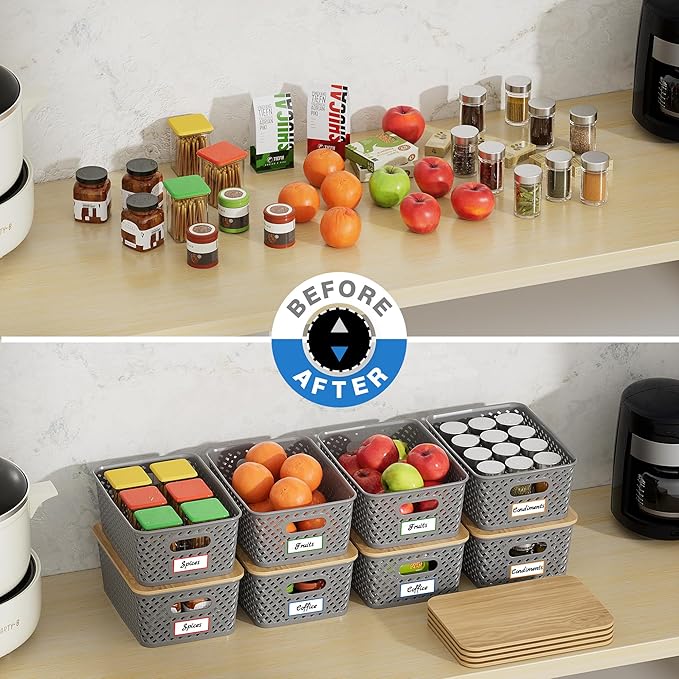 Anysig 8 Packs Plastic Storage Bins with Bamboo Lids - Stackable Storage Bins Decorative Small Basket Containers for Organizi