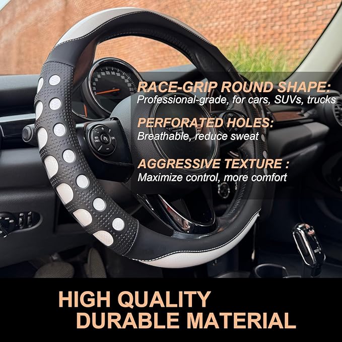 PINCTROT Race Grip Steering Wheel Cover, Anti Slip Silicone Perforated Design with Soft Touch Padding, Enhanced Grip for Sporty Driving, Universal 14.5-15 Inch (Racing White)