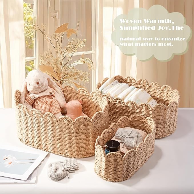 Scalloped Basket Set of 3, Wicker Storage Baskets - Hand-Woven Paper Rope Nursery Organizer for Diaper Caddy, Baby Toys & She