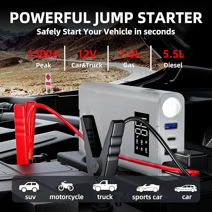 IDEAPLAY Jump Starter, 1500A Car Battery Jump Starter Portable for Up to 7.0L Gas and 5.5L Diesel Engine,Type C Fast