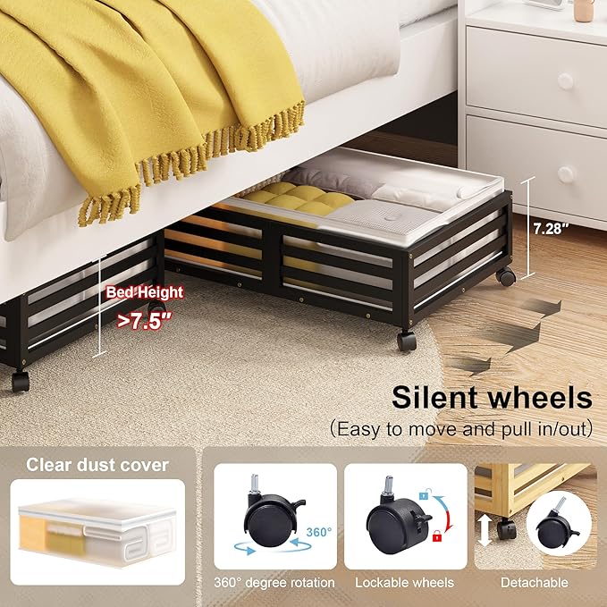 Under Bed Storage Containers With Wheels - 2 Pcs Bamboo Wood Rolling Underbed Shoe Storage Bins With Dust Bags for Clothes Bl