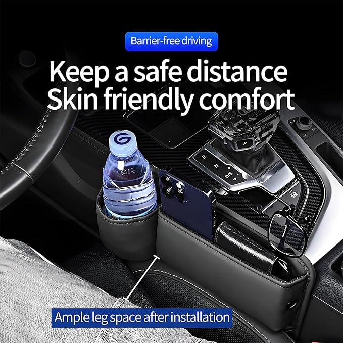 Car Seat Gap Filler Organizer, Universal Premium Leather Seat Organizer with Cup Holder, Seat Gap Storage Box with Bottle Holder, Car Gap Bag Front Center Console Seat (Driver+Passenger 2 Pack)