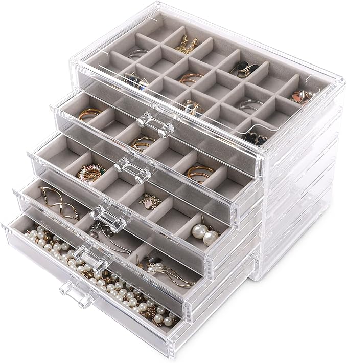 Frebeauty Acrylic Jewelry Organizer Earring Organizer Box with 5 Drawers Earring Holder Organizer with Velvet Trays Clear Jew