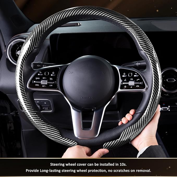 Aimato Car Steering Wheel Cover Carbon Fiber, Ultra-Thin Car Steering Wheel Cover,Comfortable & Breathable Microfiber,Universal Fit for Most Cars, Bright Silver