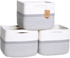 NaturalCozy Storage Cubes 9”x9”x7”Cotton Rope Woven Baskets for Organizing 3-Pack | 9 Inch Cube Storage Bin | Small Basket fo