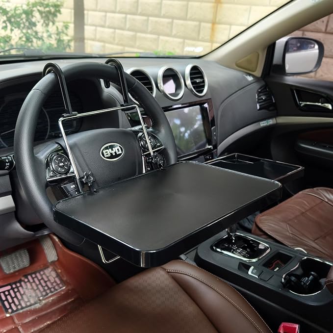 2 in 1 Car Steering Wheel Tray/Back Seat Headrest Tray for Eating Food Drink and Writing Laptop Work, Black Car Desk