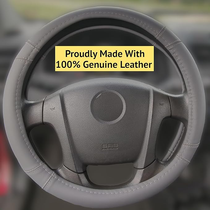 Steering Wheel Cover, Gray, Real Genuine Leather, Small, 14 inch, for Men and Women, Universal, Stretch On, Heat Resistant, Stays Cool, Non-Slip, HANWOLF