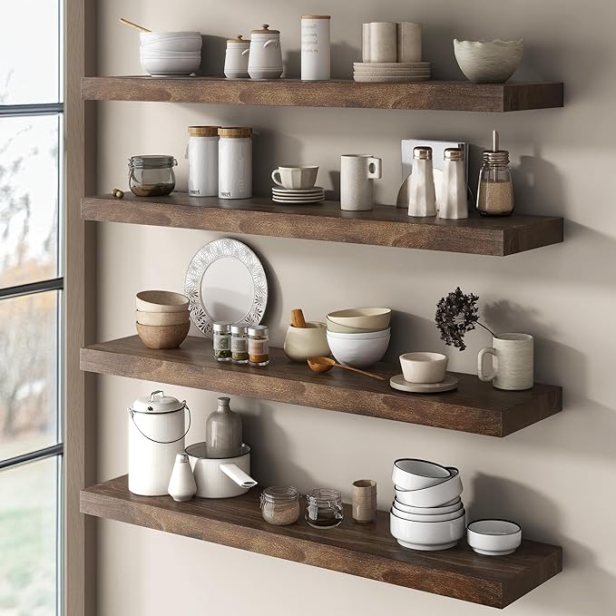 Elm Floating Shelves for Wall Decor, Rustic Solid Wood Shevles Wall Mounted with Invisible Bracket for Living Room Bathroom B