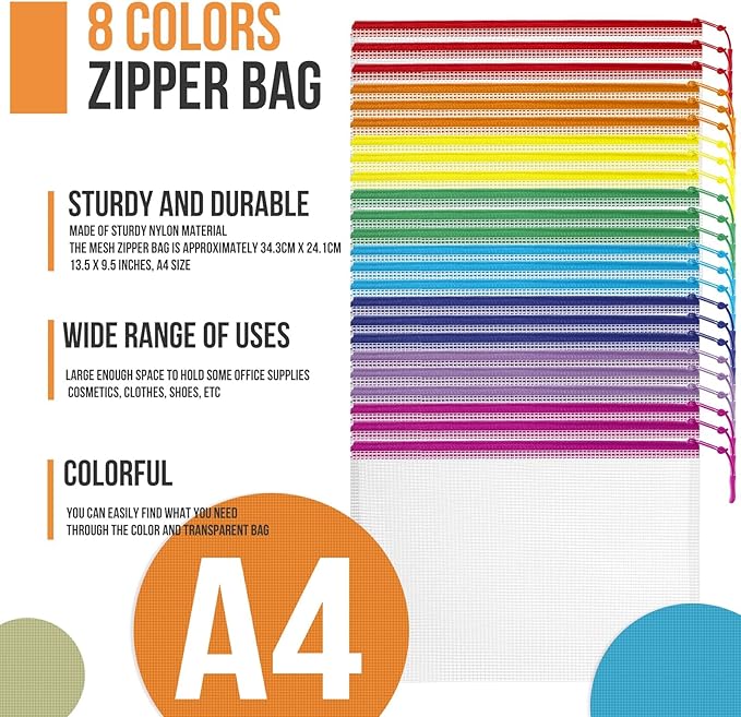 24pcs Mesh Zipper Pouch Bags Puzzle Storage Bags, A4 13x9 Inches Large Reusable Zipper Pouches for Classroom Organizing Board