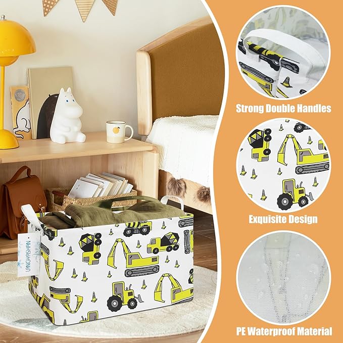 LANGYASHAN Rectangular Storage Bin Collapse Canvas Fabric Cartoon Storage Basket with Handles for Organizing Home Kitchen Boy