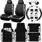 CAR-PASS Cow Print Car Accessories Sets Faux Leather Car Seat Covers & Cow Car Mats & Cow Steering Wheel Cover Seat Belt Pads