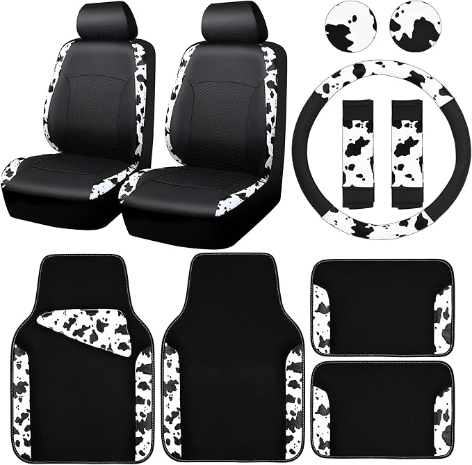 CAR-PASS Cow Print Car Accessories Sets Faux Leather Car Seat Covers & Cow Car Mats & Cow Steering Wheel Cover Seat Belt Pads