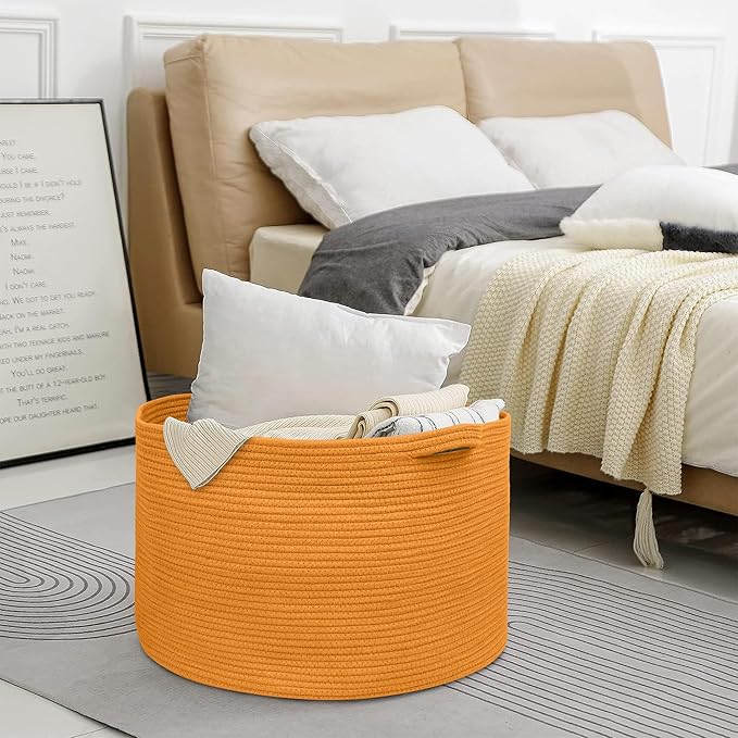 MEGASKET Extra Large Orange Basket, 22" X 22" X 14" Woven Cotton Rope Bins for Blankets, Baby Nursery Wicker Laundry Towel Ba