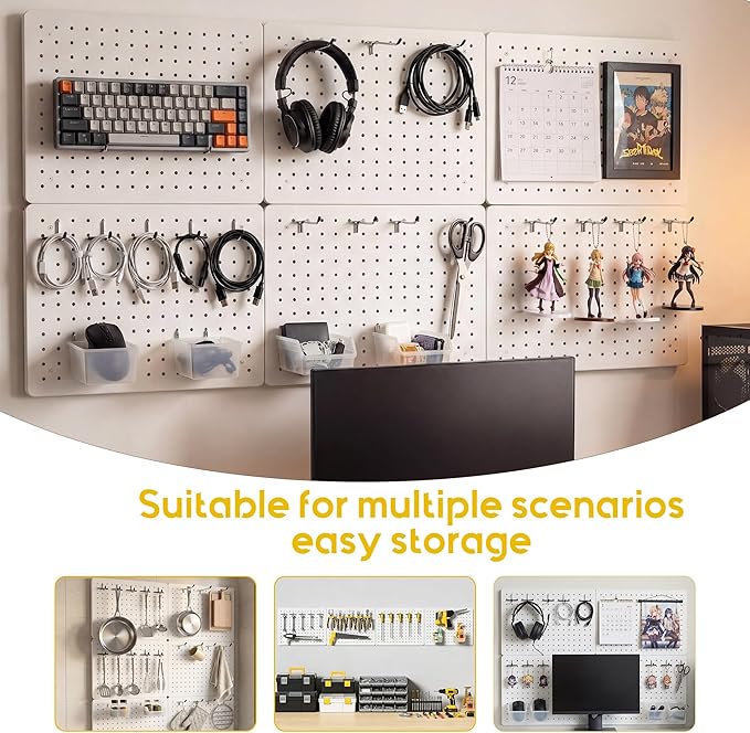 Peg Board for Tools, 4 Pack Metal Pegboard Wall Organizer with Hooks,16"×12" White Pegboard Panels for Walls Home, Garage Too