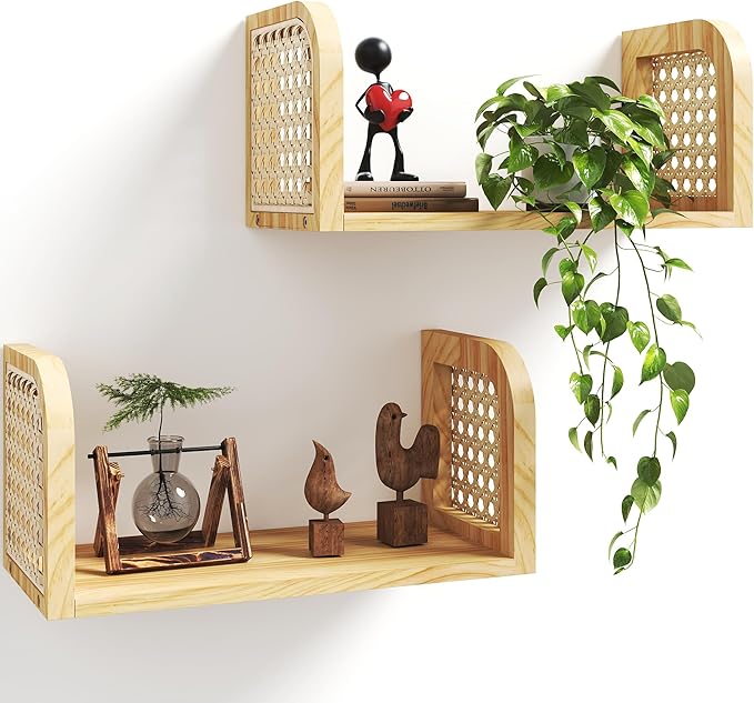 Rattan Shelf Set of 2, Natural 8 Inch Deep Wooden Hanging Bookshelf, Cute Nursery Shelves Wall Mounted, Boho Decorative Float