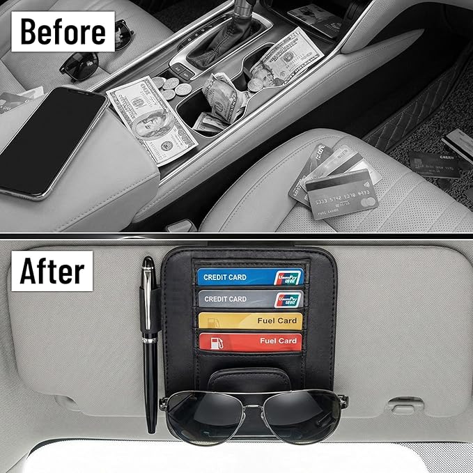 2 Pack Car Sun Visor Organizer, Auto Interior Accessories Tactical Molle Panel & PU Leather Visor Storage Pouch with Sunglasses Clip, Multi-Pocket Document Holder for Truck SUV Car Gear