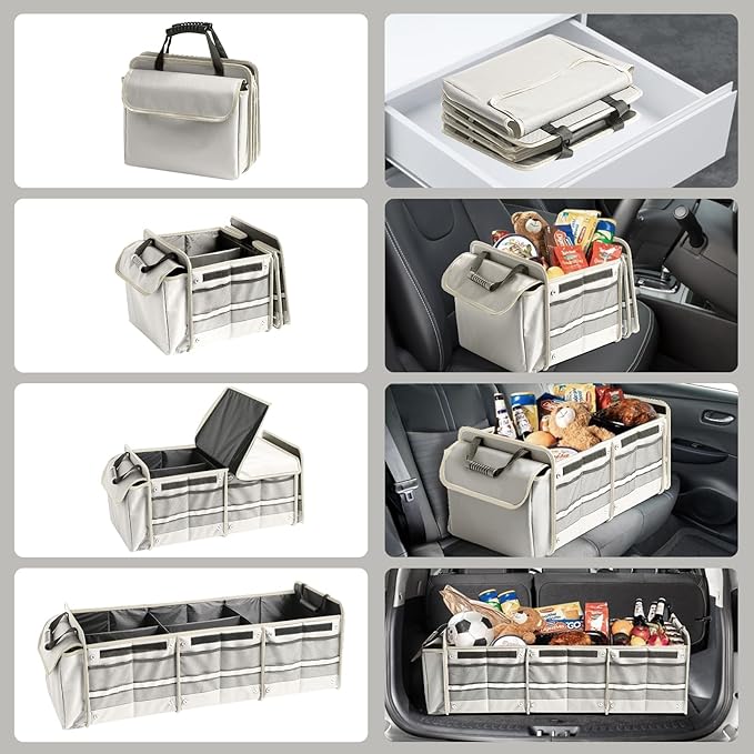 Car Trunk Organizer with Insulated Leakproof Cooler Bag, 4 in 1 Waterproof Portable Car Storage Organizer with Collapsible Cover, 3
