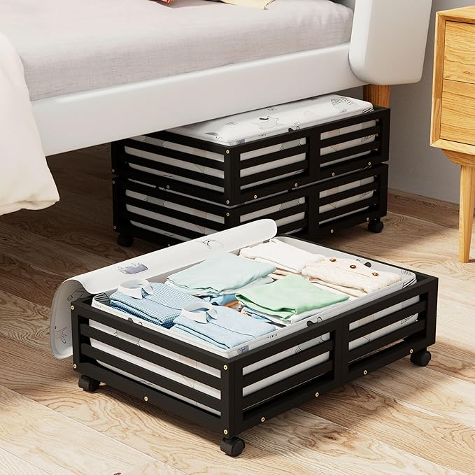 Bamboo Under Bed Storage Containers- Underbed Organizer with Wheels with Large Capacity Dust Bag,Sturdy Wood Rolling Under Be