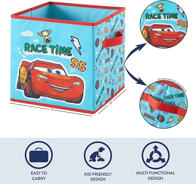 Disney Cars Storage Cubes, Set of 2 Durable 10"x10"x10" Fabric Bins with Handles, Lightning McQueen Organizer Boxes for Kids'