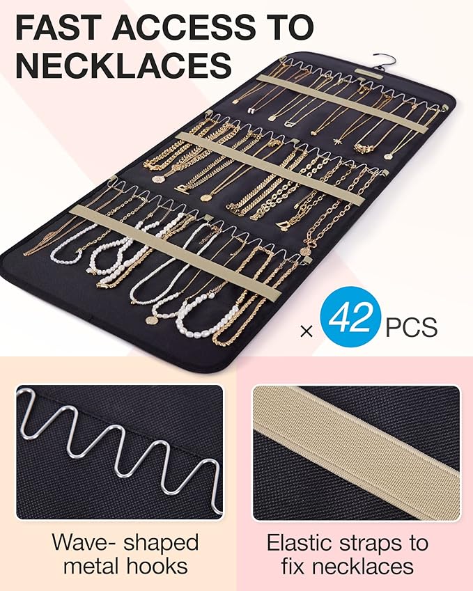 BAGSMART Hanging Jewelry Organizer Storage Roll with Hanger Metal Hooks Double-Sided Jewelry Holder for Earrings, Necklaces, 