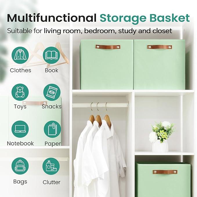 FinishingBo 6-Pack Storage Cubes with Handles & Label Holders Basket, Closet Cube Home Organizer Bins(Green, 13 x 13 x 13 inc