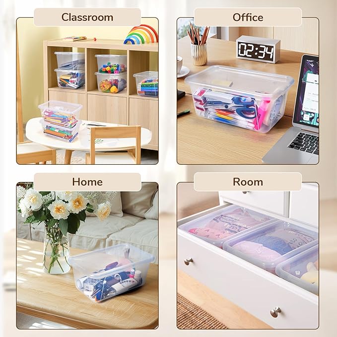 GAMENOTE 6 Quart Storage Bins with Lids,6 Pack Transparent Plastic Latching Box for Classroom & Kids Toy Storage Clear Stacka