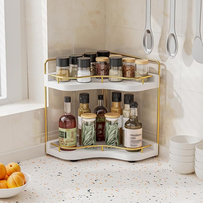 2-Tier Corner Bathroom Counter Organizer with Embedded Screw Holes, Secure & Stable Wood Vanity Shelf for Makeup and Skincare