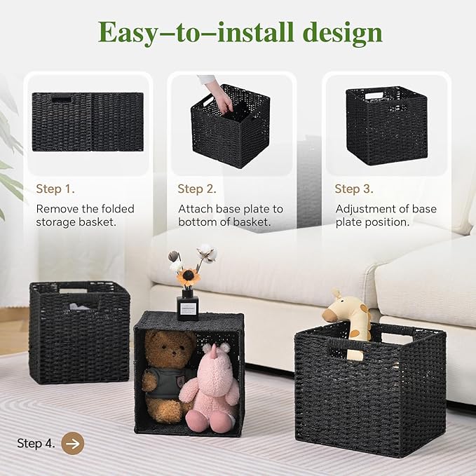 Woven Wicker Storage Baskets 2-Pack, 11x11 Handwoven Paper Rope Organizer Bins, Foldable Cube Storage Cubes with Built-in Han