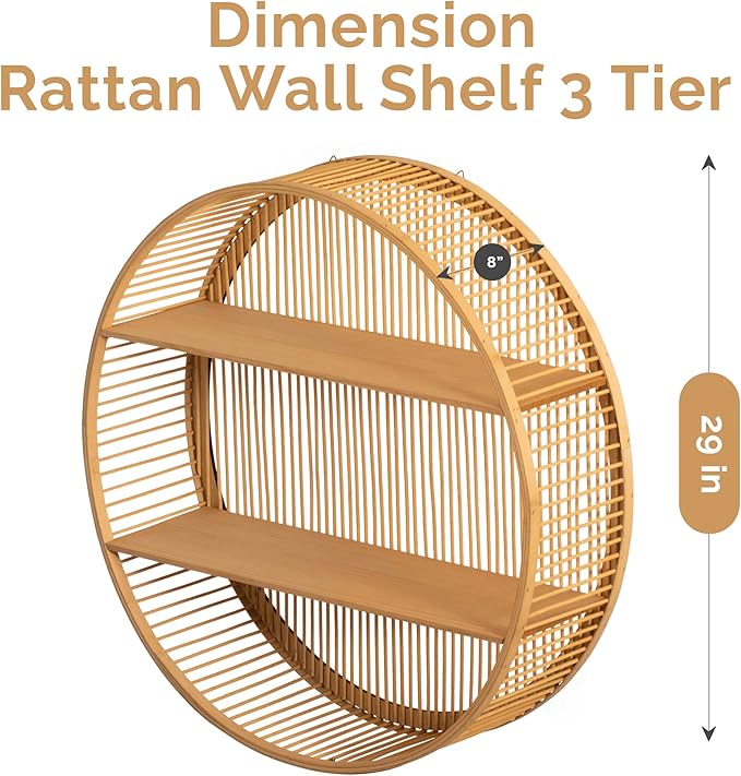 Vintiquewise Round Bamboo Wall Shelf with 2 Wooden Tiers – Natural Hanging Wall Decor and Floating Display Rack Accent for Mo