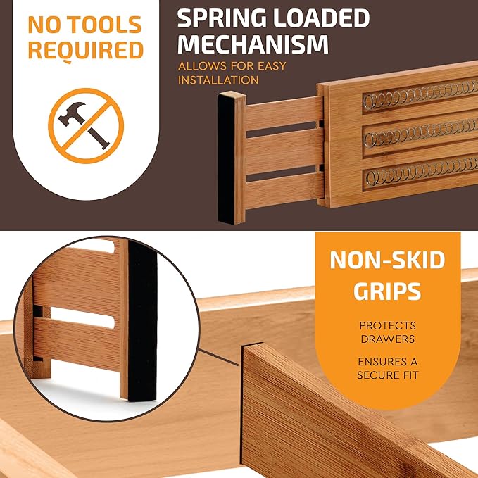 6 Pack Drawer Dividers 6 Inch High, 11”-17" Adjustable Bamboo Organizers Large Expandable Drawer Separators for Cloths, Dress